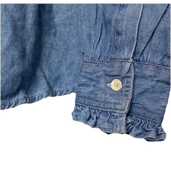 Gitano Vtg Denim Top w Ruffles Button Up Jean Shirt 80s 90s Sz L Office - Picture 8 of 11